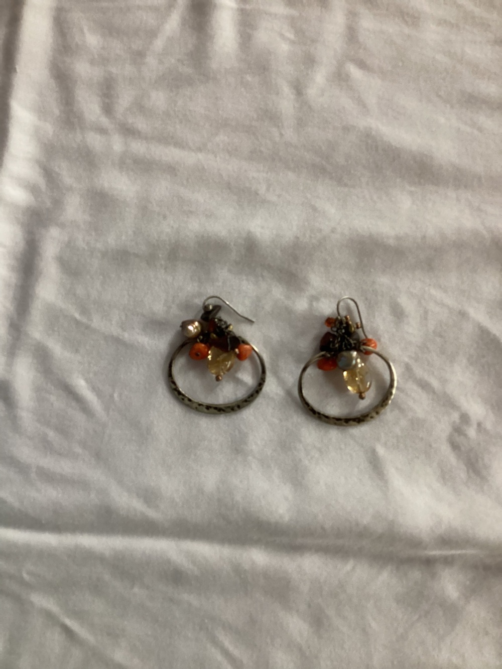 Handmade Bronze Hoop Earrings with Orange and Gold Beads